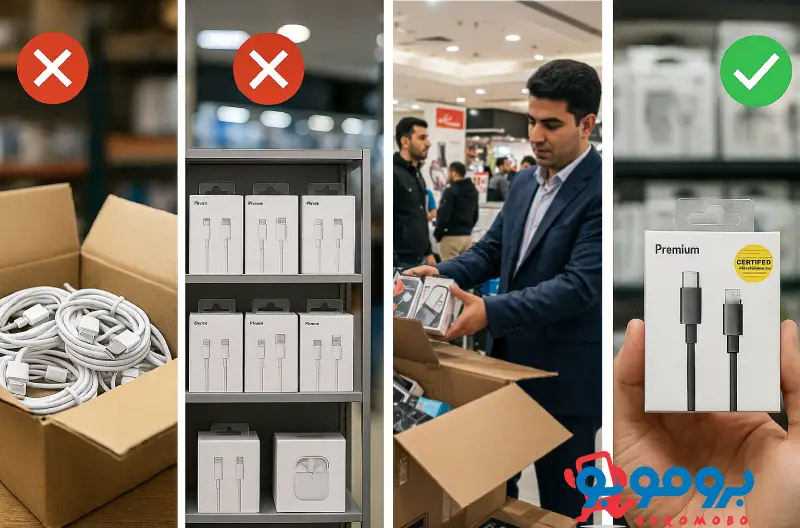 اشتباهات رایج در خرید عمده کابل شارژر شامل خرید فقط به خاطر ارزانی، نداشتن تنوع در سبد خرید، خرید از تأمینکننده ناشناس و بیتوجهی به بستهبندی و گارانتی