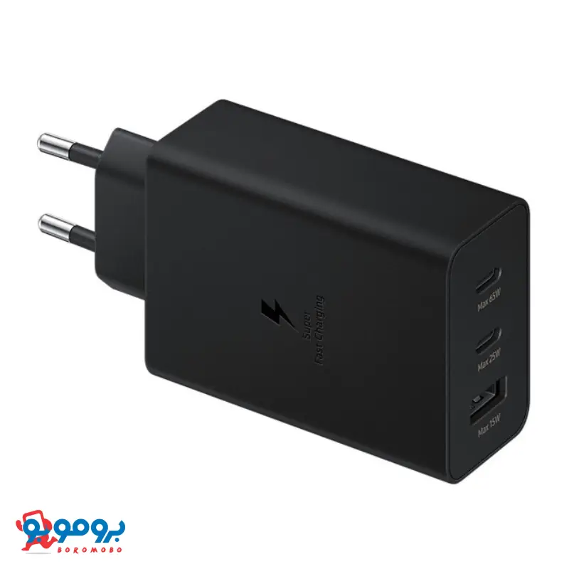 «تصویر شارژر سامسونگ 65 وات مدل EP-T6530 رنگ مشکی با سه پورت خروجی USB-C و USB-A»