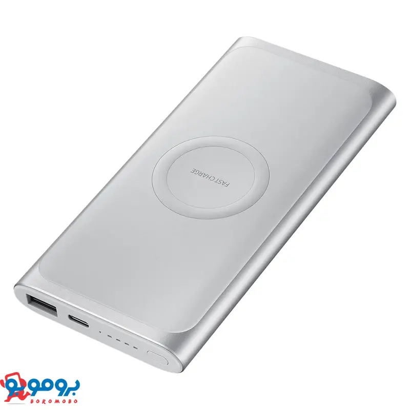 پاوربانک سامسونگ EB-U1200 ظرفیت 10000 میلی آمپر ساعت با قابلیت شارژ بی‌سیم و طراحی شیک نقره‌ای