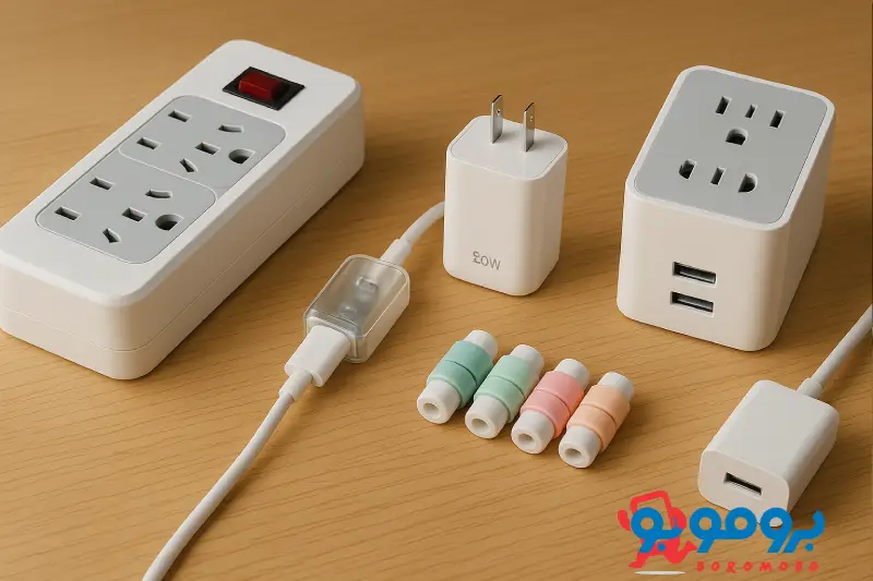 انواع محافظ شارژر شامل محافظ برق، USB Type-C، محافظ کابل و پاوراستریپ هوشمند برای خرید عمده و خرده در بازار لوازم جانبی موبایل