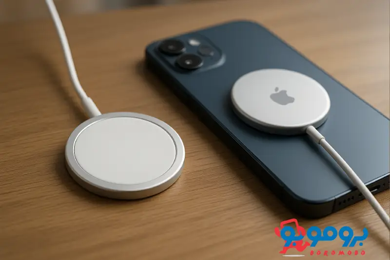 شارژر بی‌سیم اپل MagSafe با طراحی لوکس و سازگاری کامل با آیفون‌های جدید.