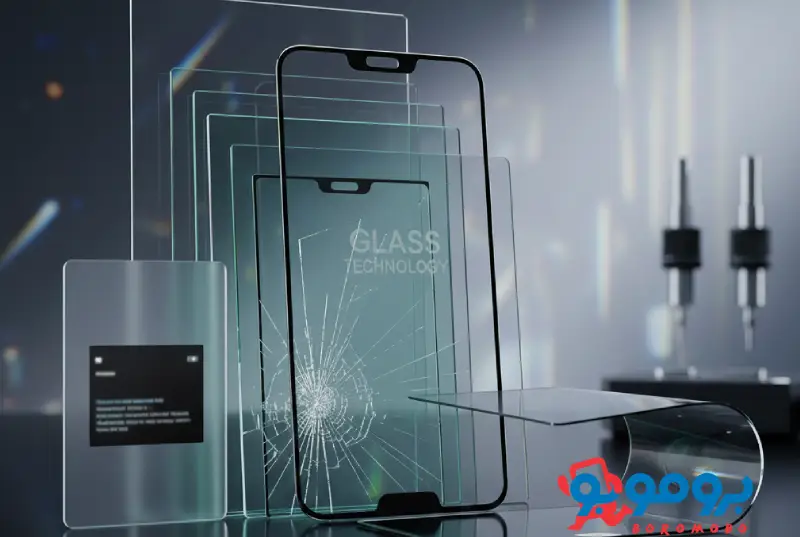 انواع گلس موبایل شامل ساده، سرامیکی، پرایوسی و خاص روی میز چیده شدهاند، با برچسب قیمت عمده و توضیح ویژگی هر نوع گلس.